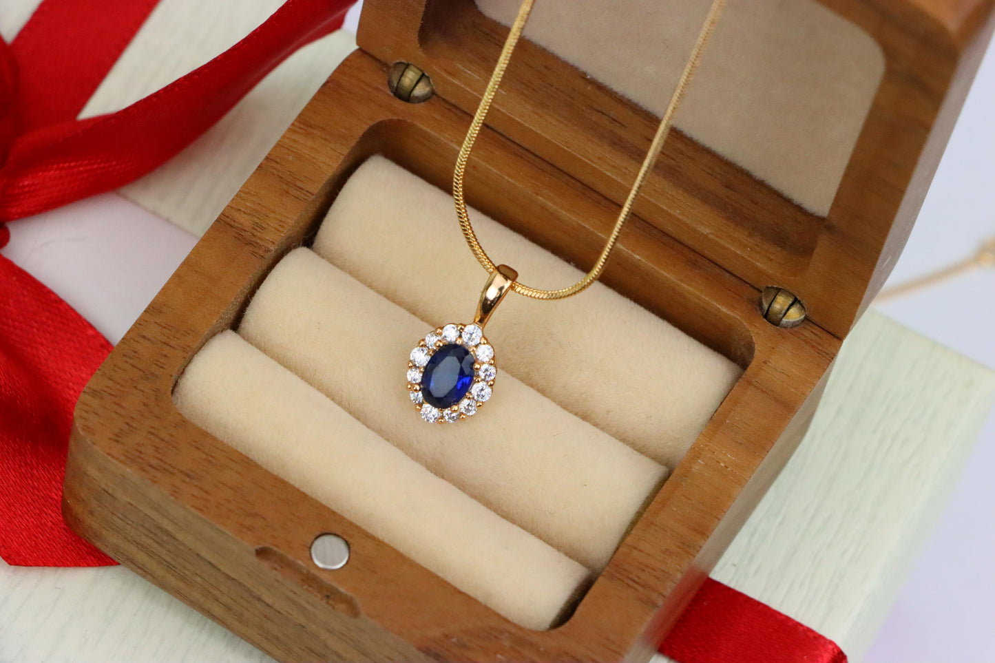 Royal Blue Oval Pendant with Halo in Gold-Plated Brass Setting, XPPT1815 (2153-4)