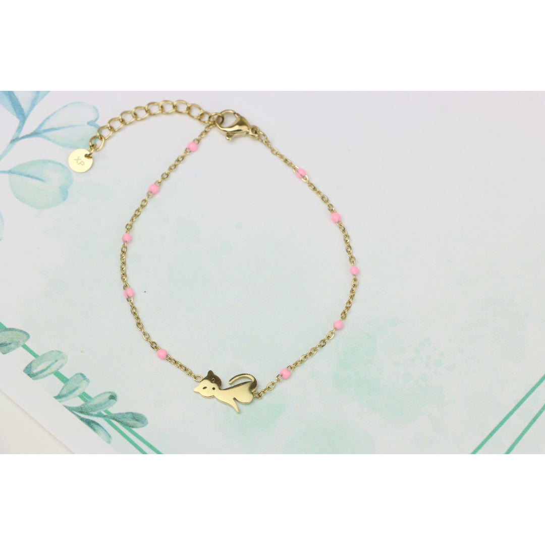 Elegant Yellow Bracelet with Cute Cat Charm and Pink Bead Details, XPBL0656 (2066-5)