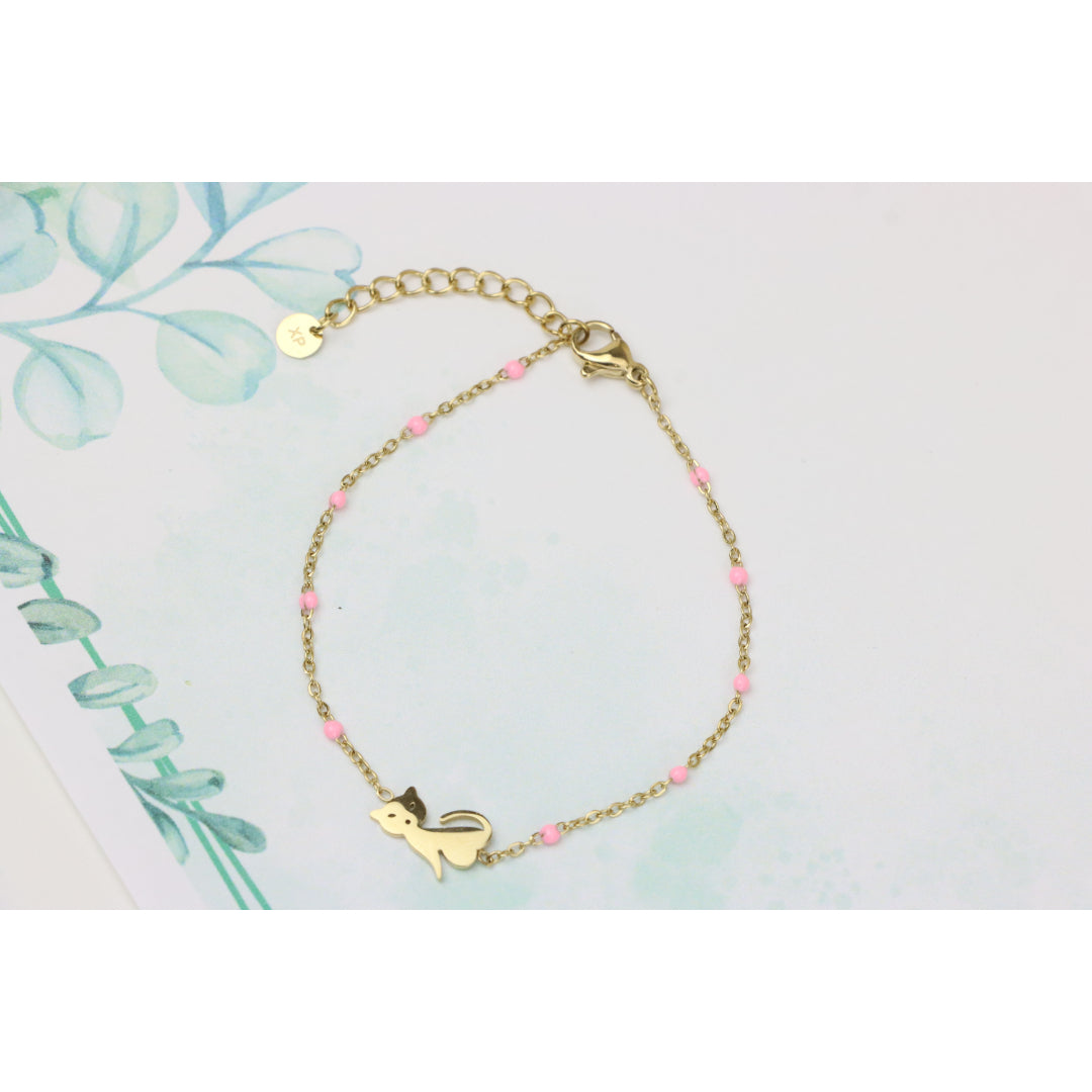 Elegant Yellow Bracelet with Cute Cat Charm and Pink Bead Details, XPBL0656 (2066-5)