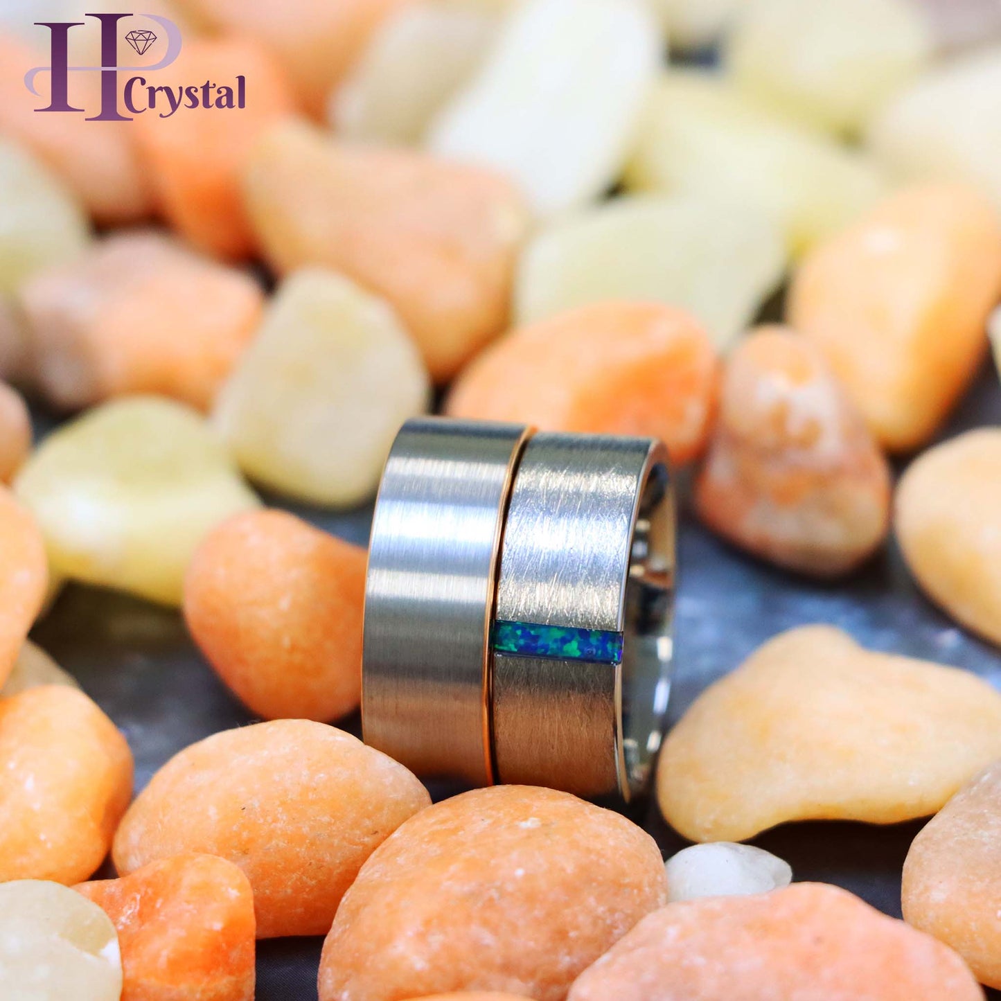 Ice Finish Center with Synthetic Lime Green Opal Bar Inlay Tungsten Ring Pipe-Cut Rose Gold IP Plated Inside & White Plated Brushed Center Tungsten Ring
