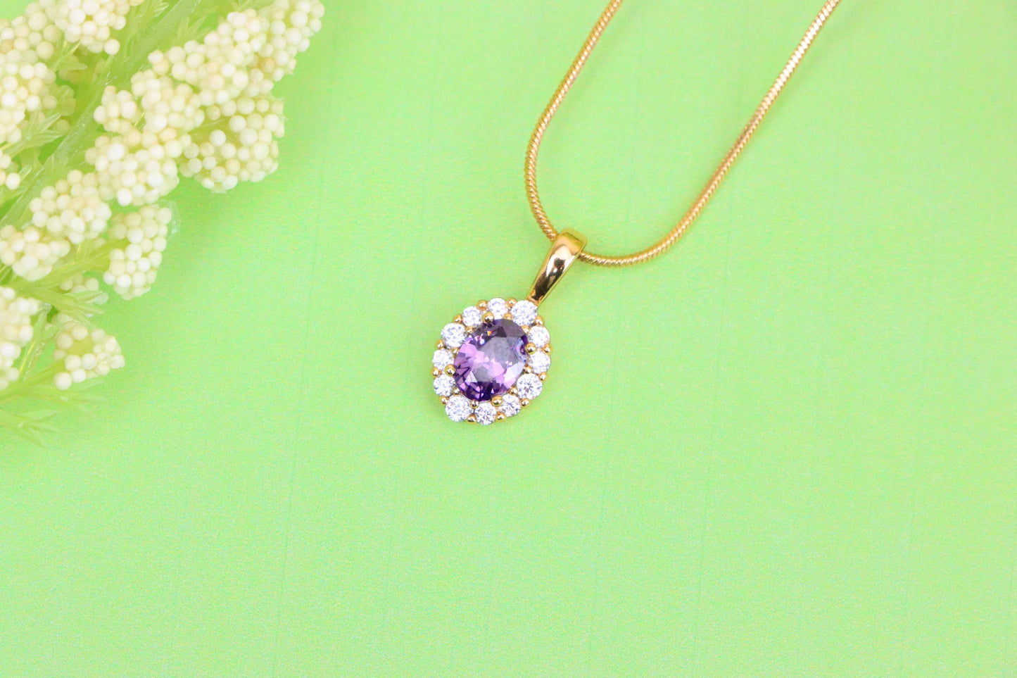 Purple Oval Pendant with Halo in Gold-Plated Brass – Delicate Glamour, XPPT1816 (2153-4)