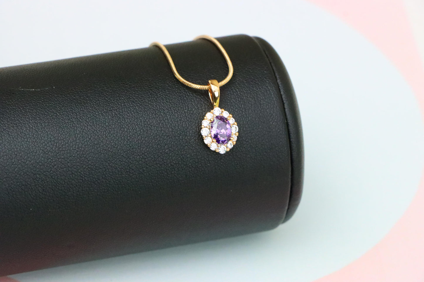 Purple Oval Pendant with Halo in Gold-Plated Brass – Delicate Glamour, XPPT1816 (2153-4)