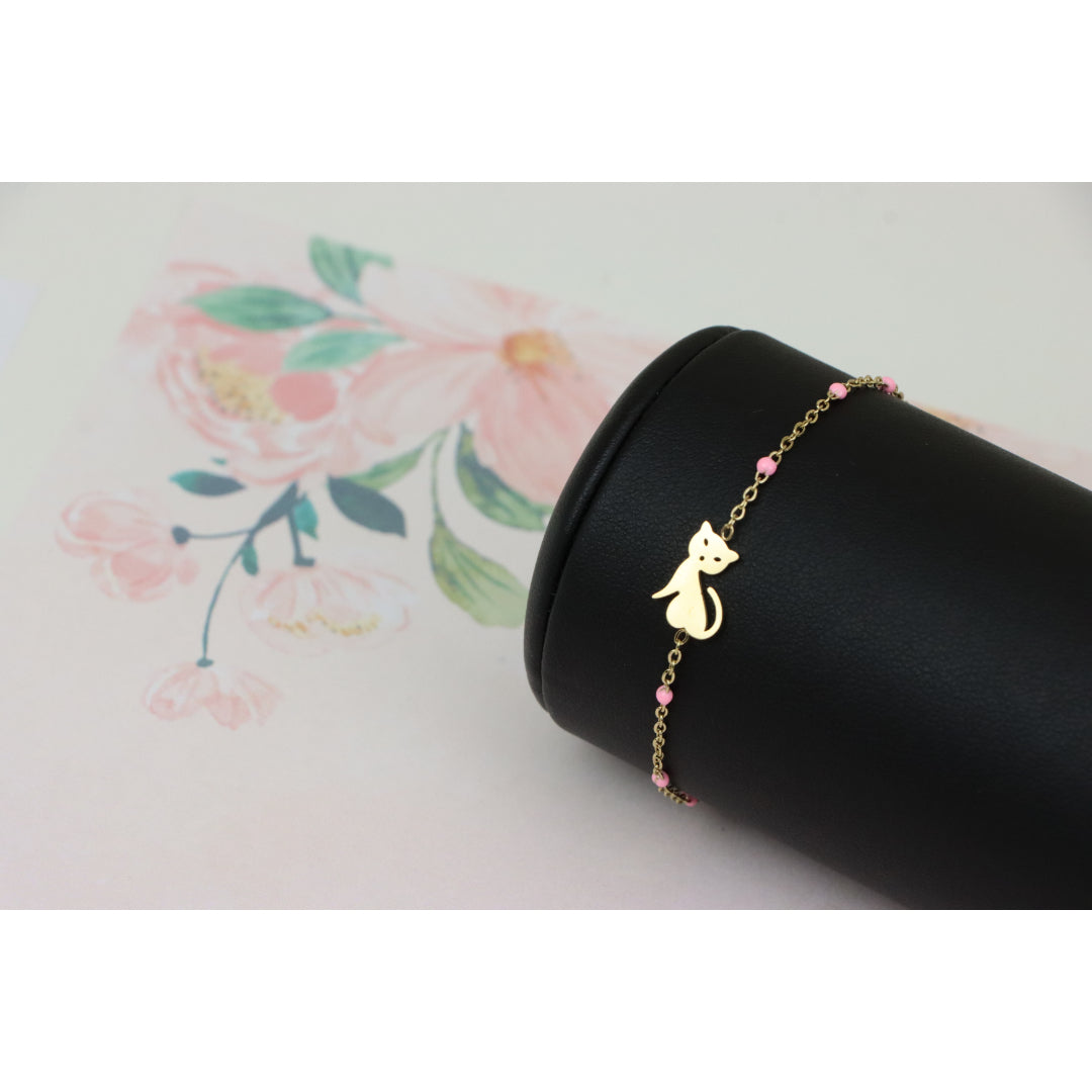 Elegant Yellow Bracelet with Cute Cat Charm and Pink Bead Details, XPBL0656 (2066-5)