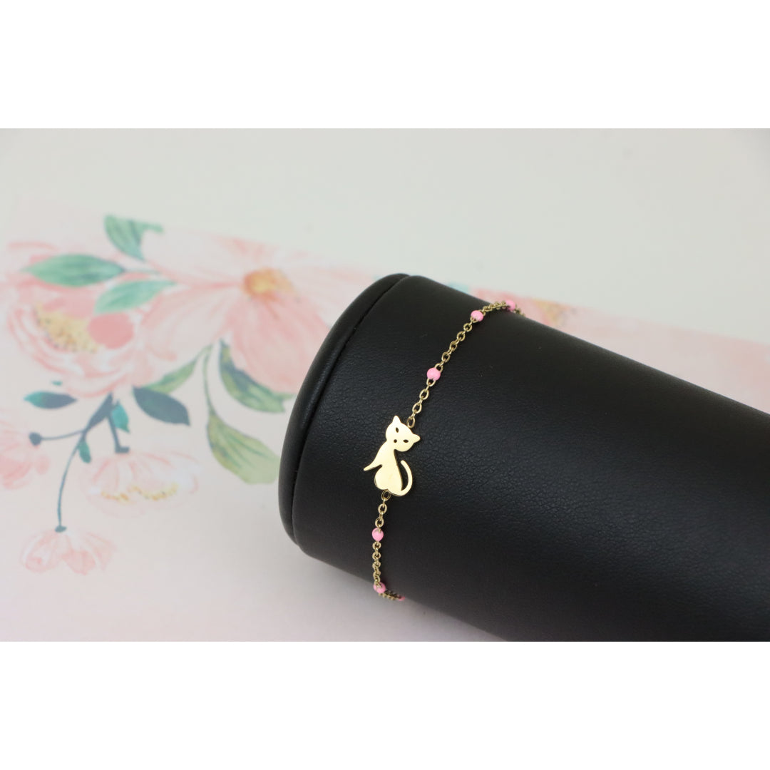 Elegant Yellow Bracelet with Cute Cat Charm and Pink Bead Details, XPBL0656 (2066-5)