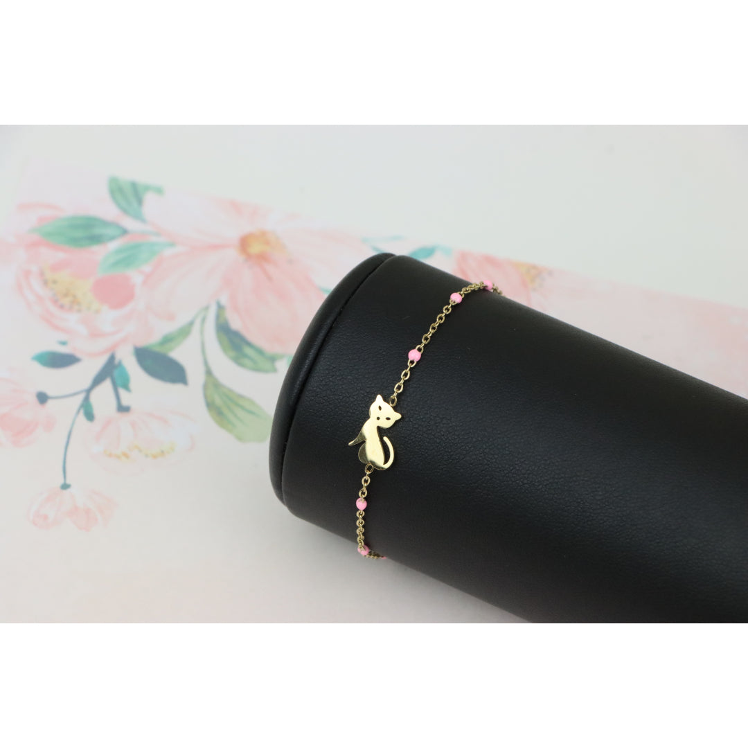 Elegant Yellow Bracelet with Cute Cat Charm and Pink Bead Details, XPBL0656 (2066-5)