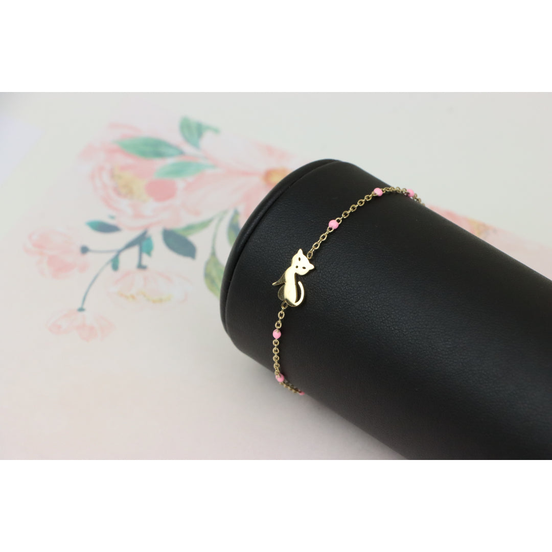 Elegant Yellow Bracelet with Cute Cat Charm and Pink Bead Details, XPBL0656 (2066-5)