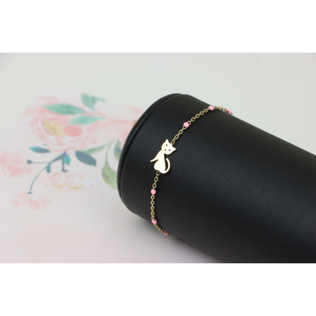 Elegant Yellow Bracelet with Cute Cat Charm and Pink Bead Details, XPBL0656 (2066-5)