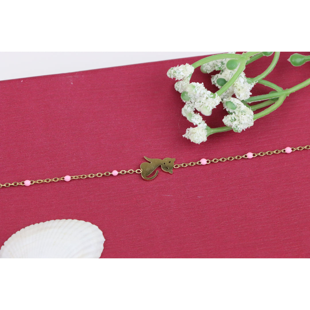 Elegant Yellow Bracelet with Cute Cat Charm and Pink Bead Details, XPBL0656 (2066-5)