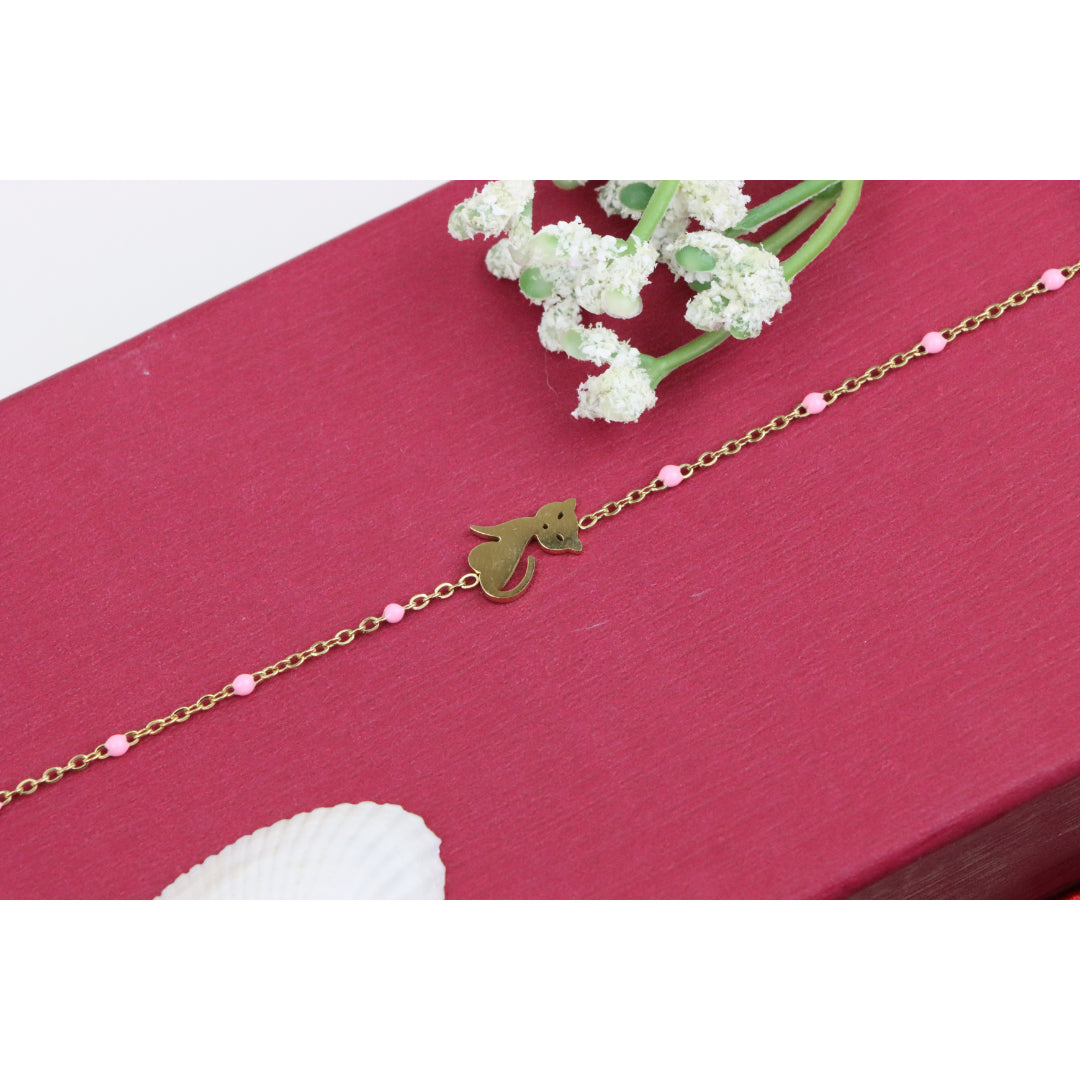 Elegant Yellow Bracelet with Cute Cat Charm and Pink Bead Details, XPBL0656 (2066-5)