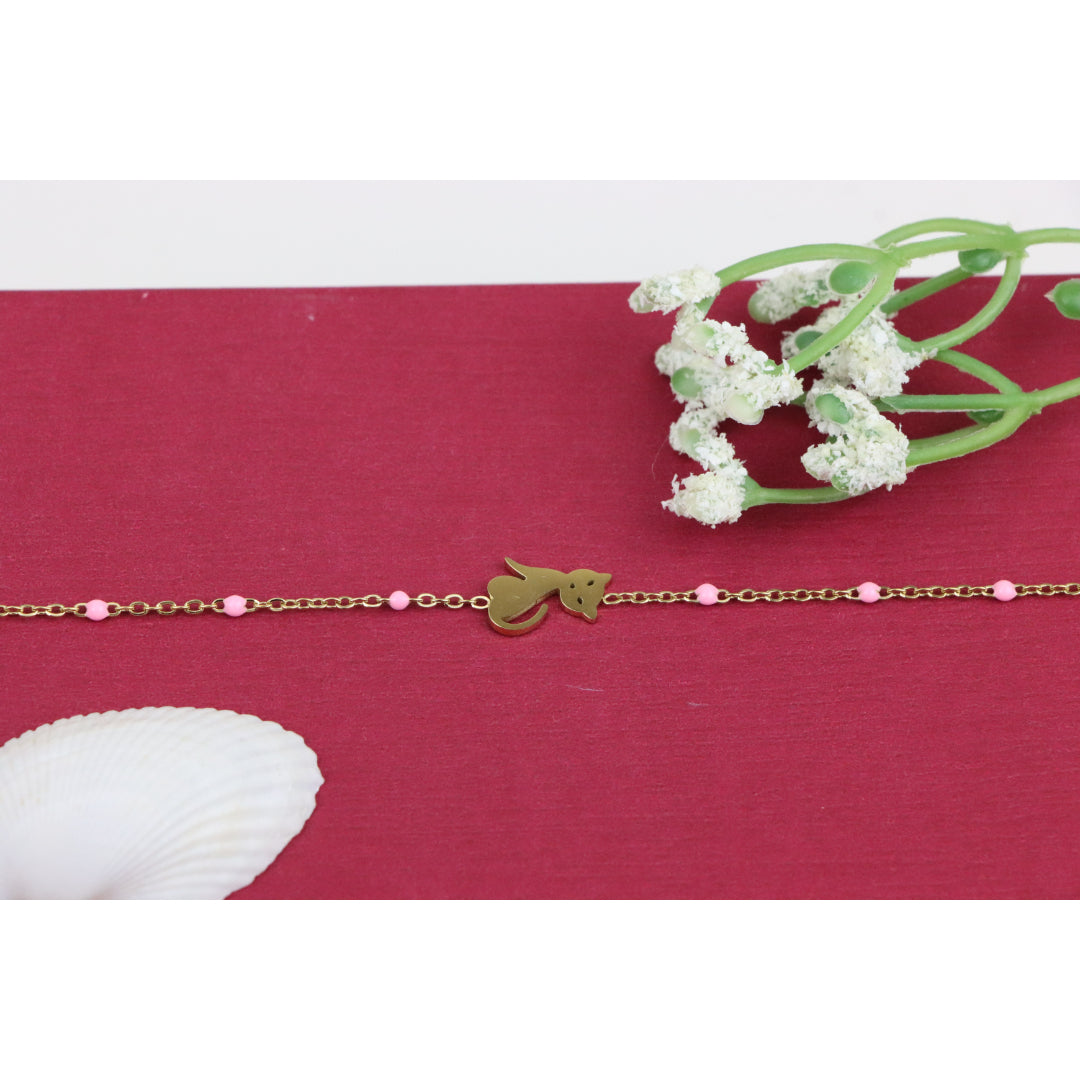 Elegant Yellow Bracelet with Cute Cat Charm and Pink Bead Details, XPBL0656 (2066-5)