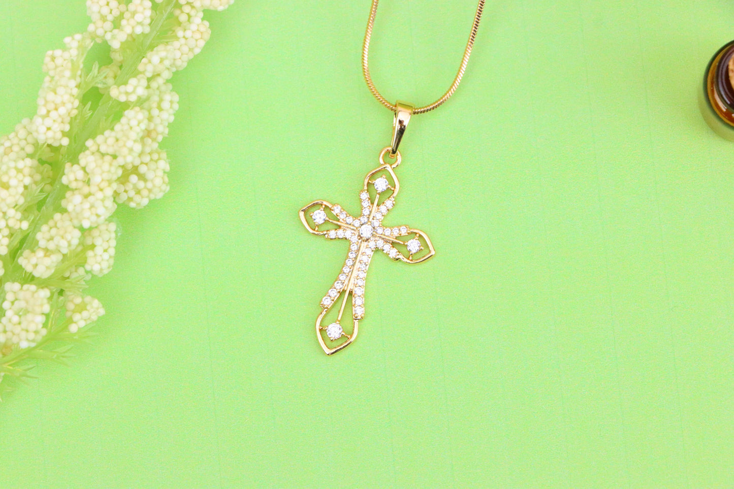 Rose Gold Cross Pendant with CZ Accents in Elegant Filigree Design, XPPT1817 (2153-5)