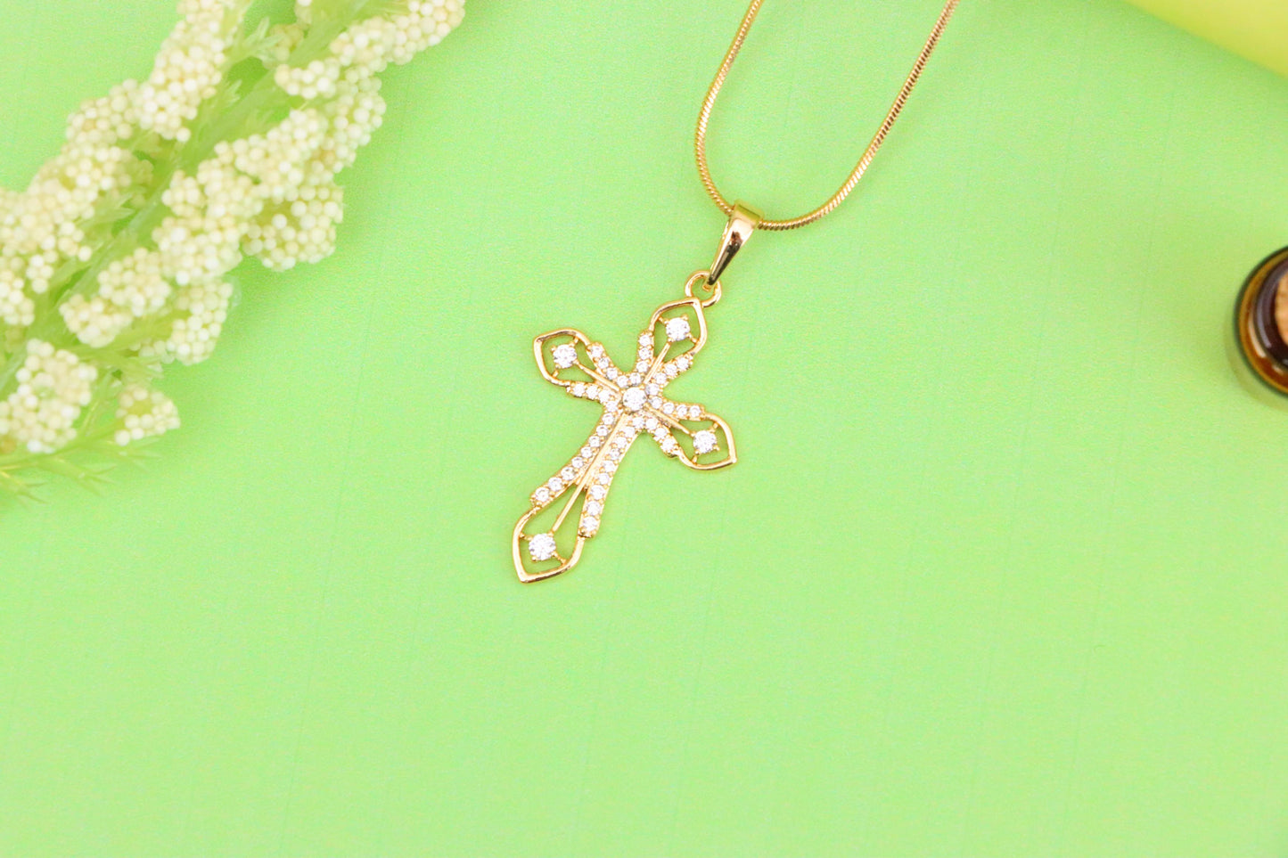 Rose Gold Cross Pendant with CZ Accents in Elegant Filigree Design, XPPT1817 (2153-5)