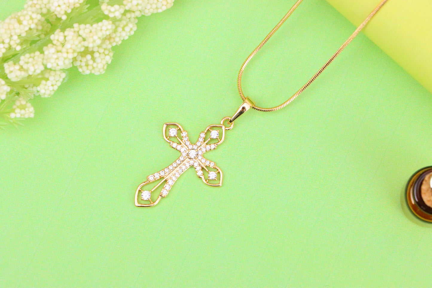 Rose Gold Cross Pendant with CZ Accents in Elegant Filigree Design, XPPT1817 (2153-5)