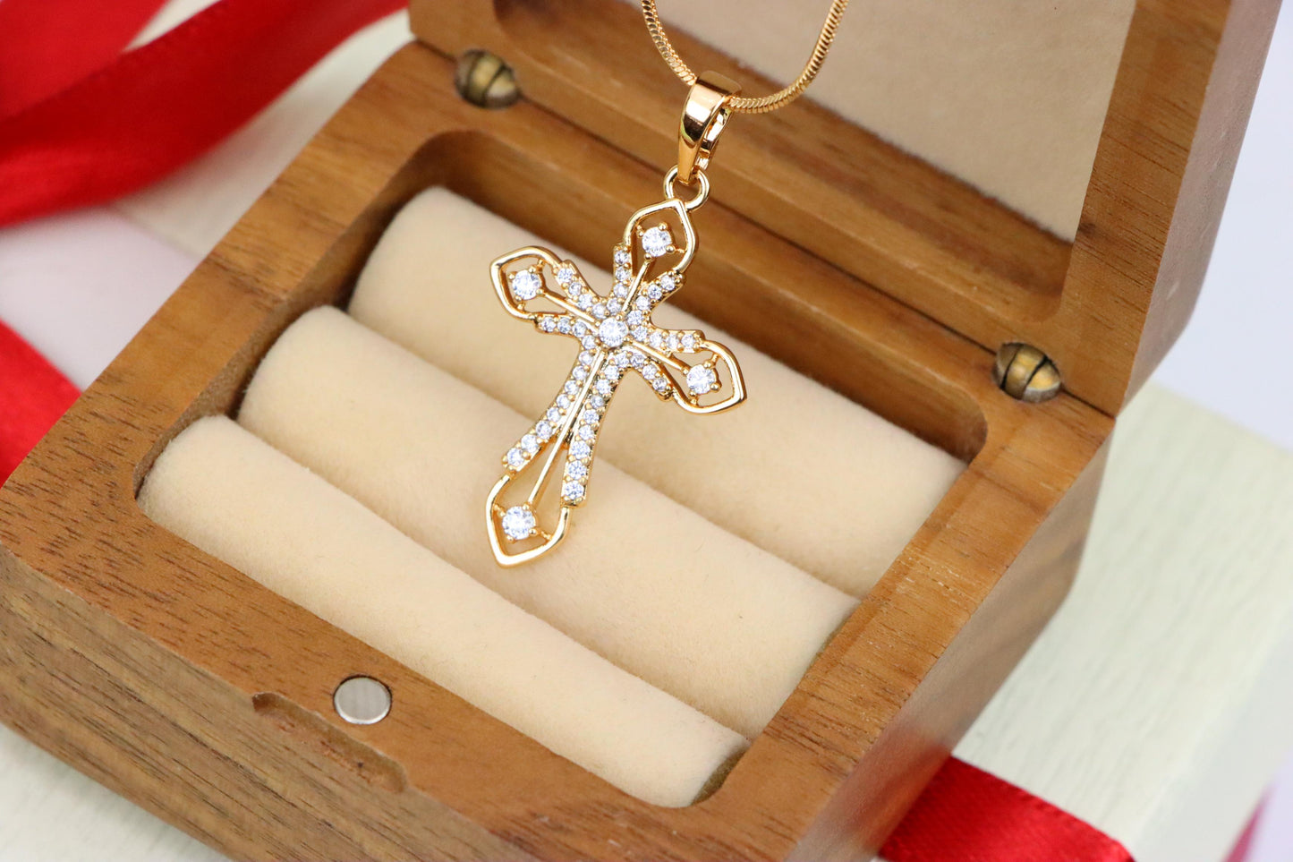 Rose Gold Cross Pendant with CZ Accents in Elegant Filigree Design, XPPT1817 (2153-5)