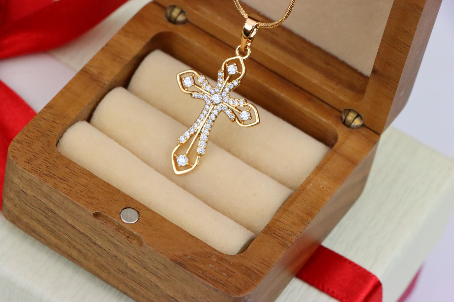 Rose Gold Cross Pendant with CZ Accents in Elegant Filigree Design, XPPT1817 (2153-5)