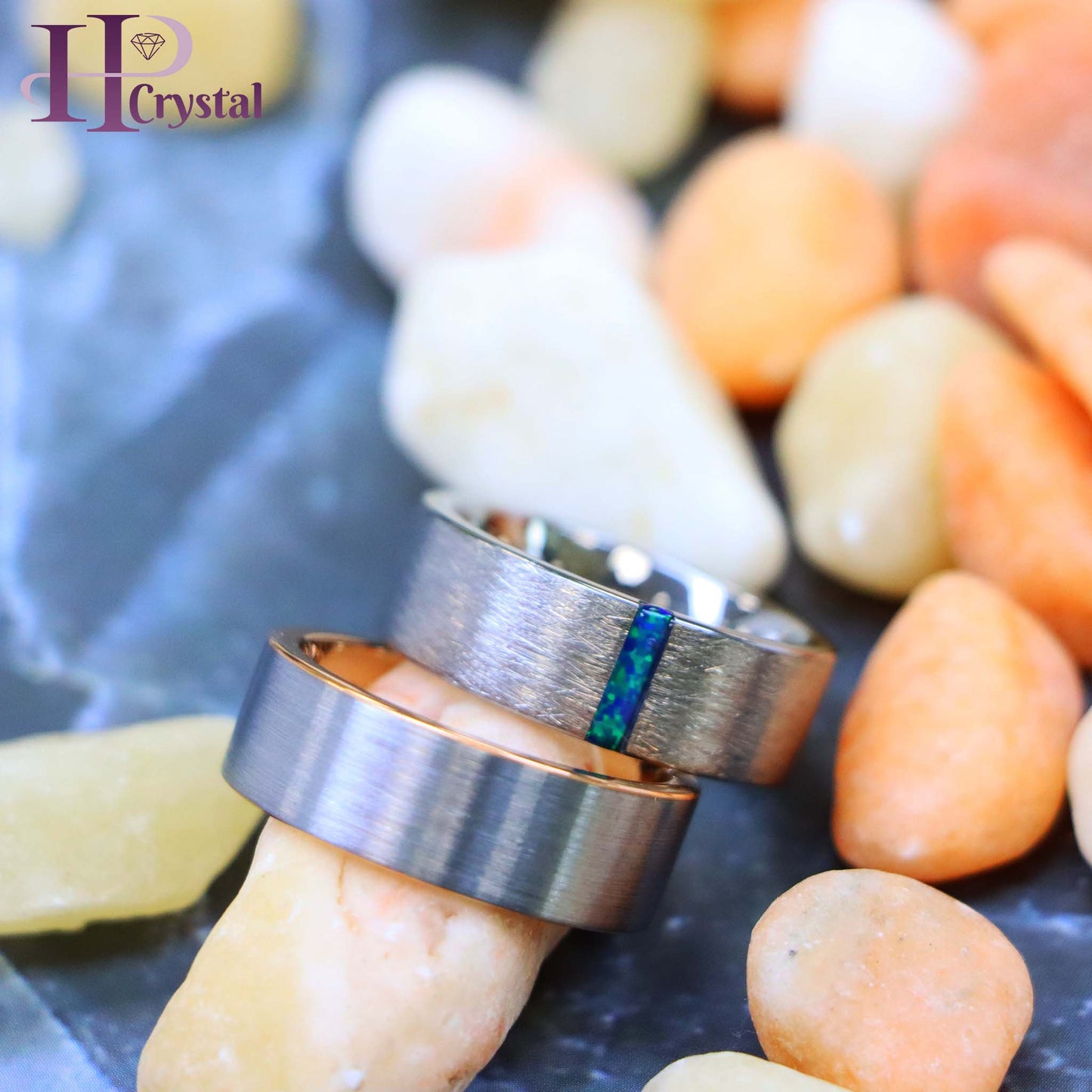 Ice Finish Center with Synthetic Lime Green Opal Bar Inlay Tungsten Ring Pipe-Cut Rose Gold IP Plated Inside & White Plated Brushed Center Tungsten Ring