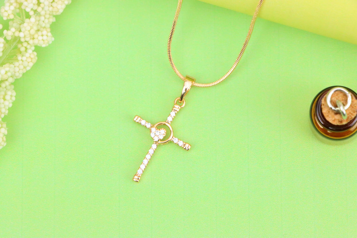 Rose Gold Cross Pendant with Heart Accent and Sparkling CZ Stones, XPPT1818 (2153-6)