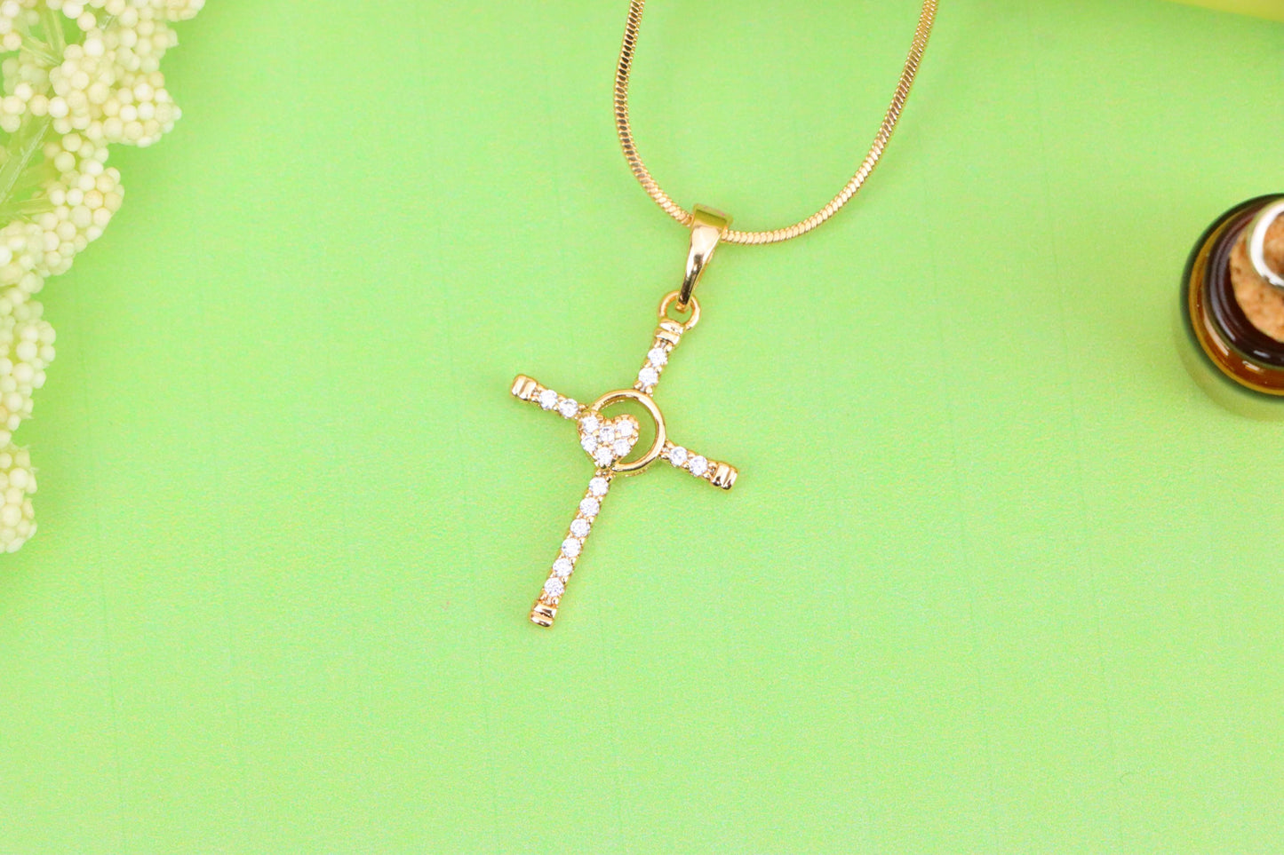 Rose Gold Cross Pendant with Heart Accent and Sparkling CZ Stones, XPPT1818 (2153-6)