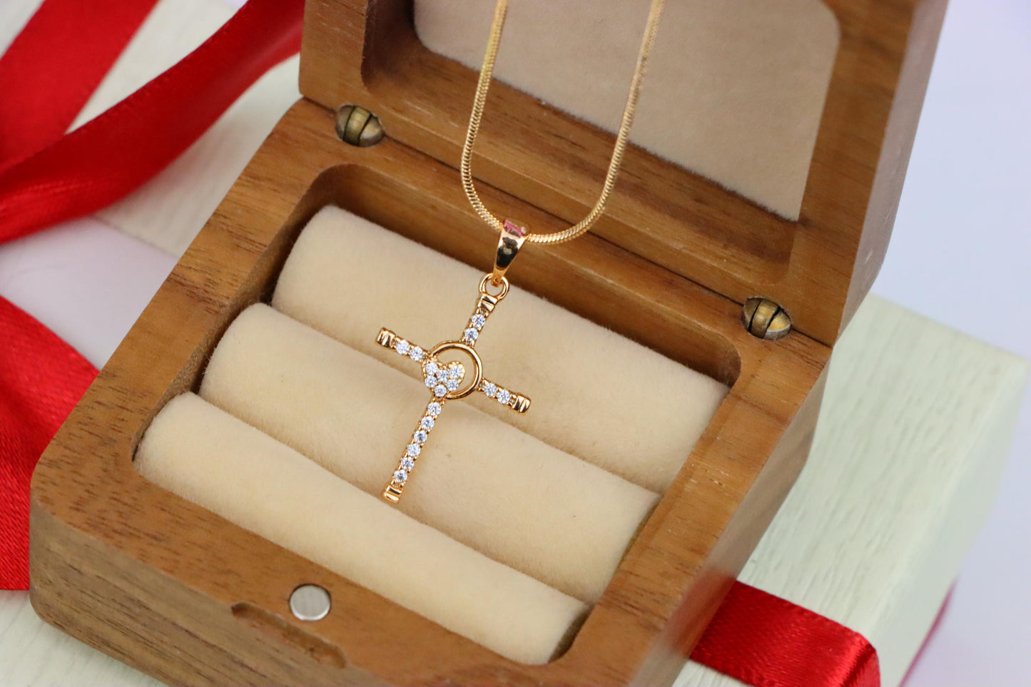 Rose Gold Cross Pendant with Heart Accent and Sparkling CZ Stones, XPPT1818 (2153-6)