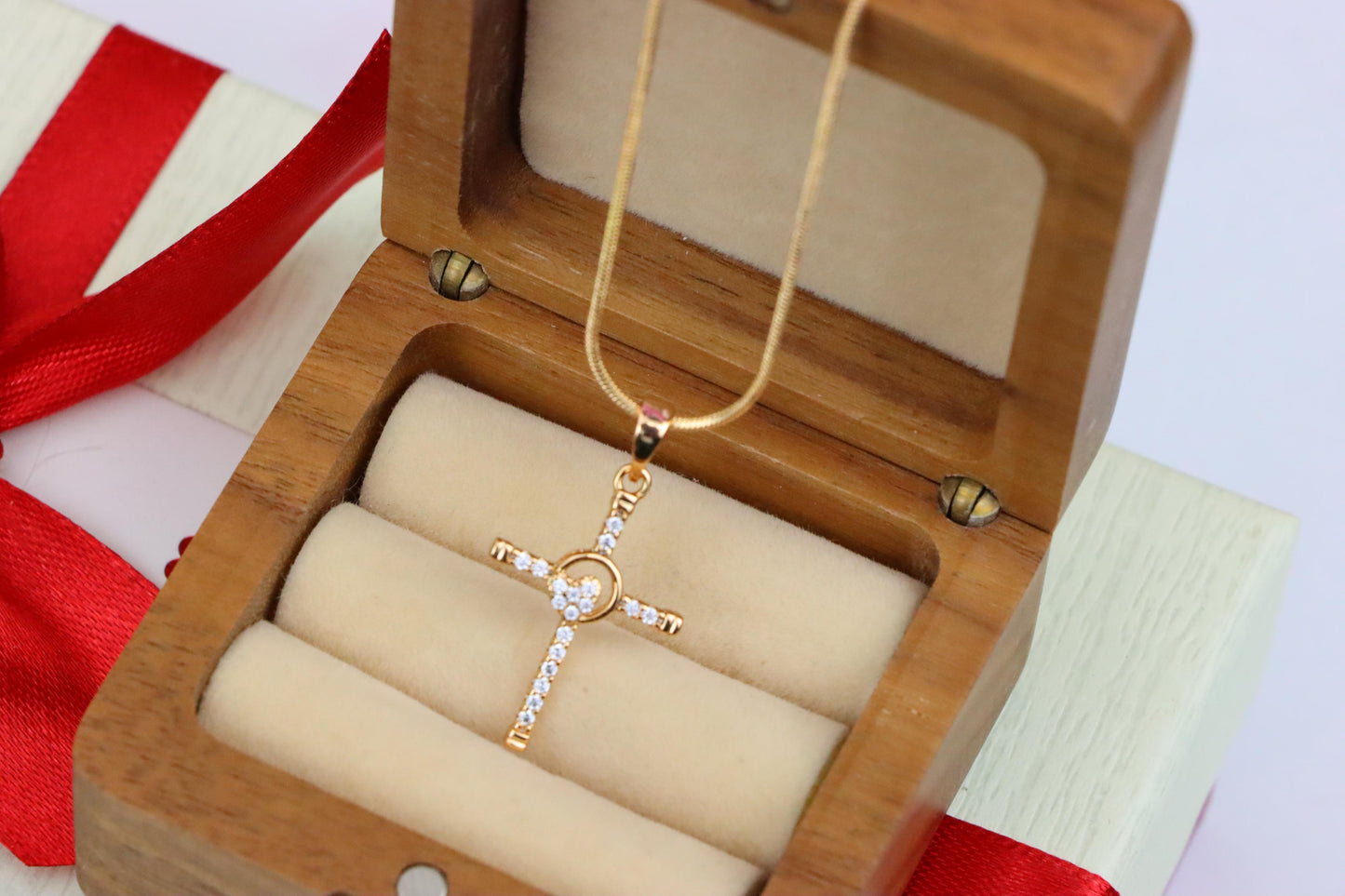 Rose Gold Cross Pendant with Heart Accent and Sparkling CZ Stones, XPPT1818 (2153-6)