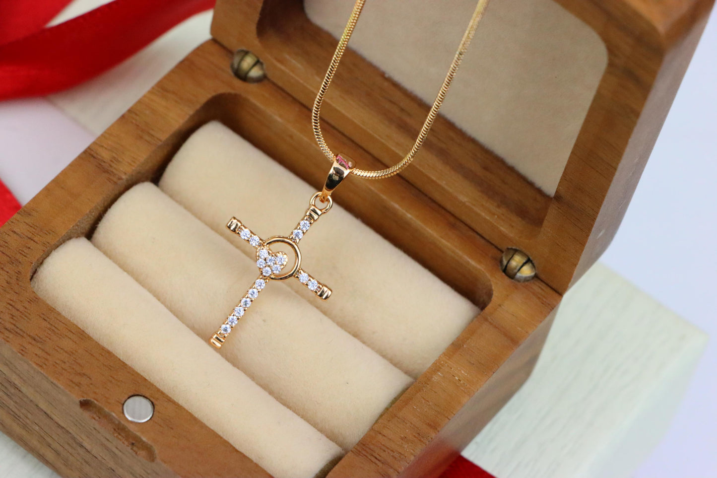 Rose Gold Cross Pendant with Heart Accent and Sparkling CZ Stones, XPPT1818 (2153-6)