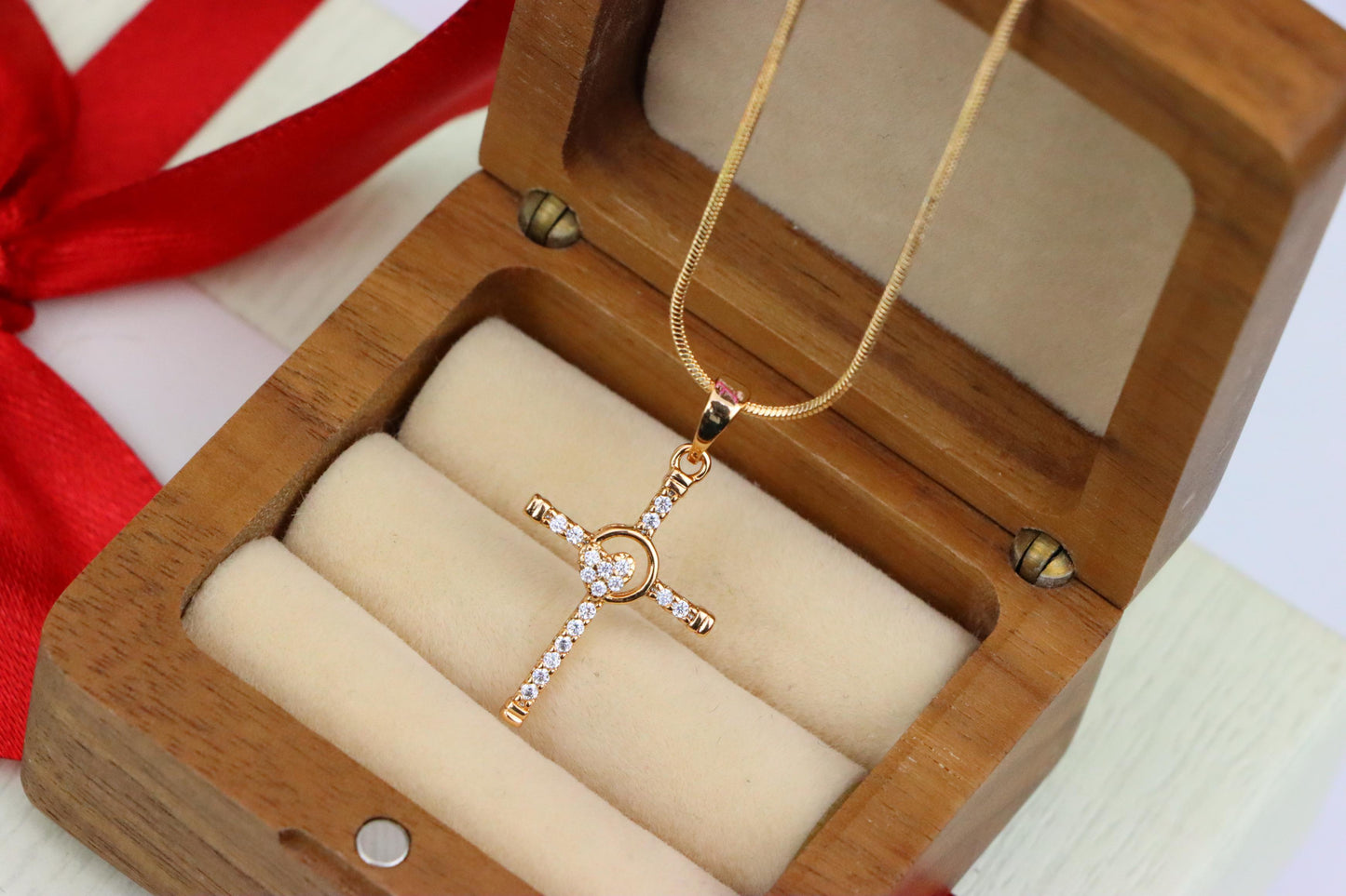 Rose Gold Cross Pendant with Heart Accent and Sparkling CZ Stones, XPPT1818 (2153-6)