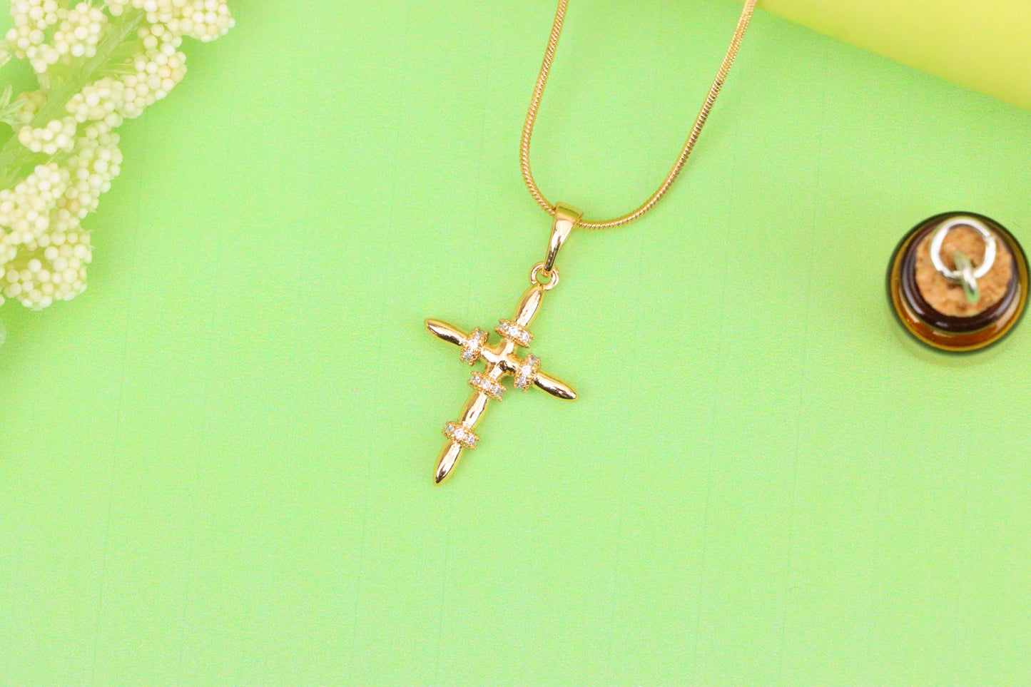 Rose Gold Cross Pendant with CZ Ring Accents in Modern Sleek Style, XPPT1819 (2153-7)