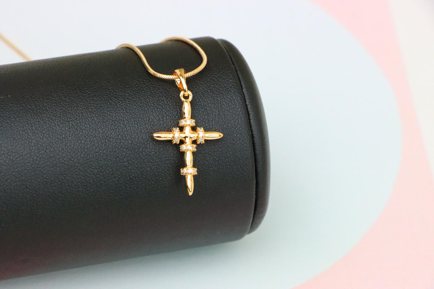 Rose Gold Cross Pendant with CZ Ring Accents in Modern Sleek Style, XPPT1819 (2153-7)