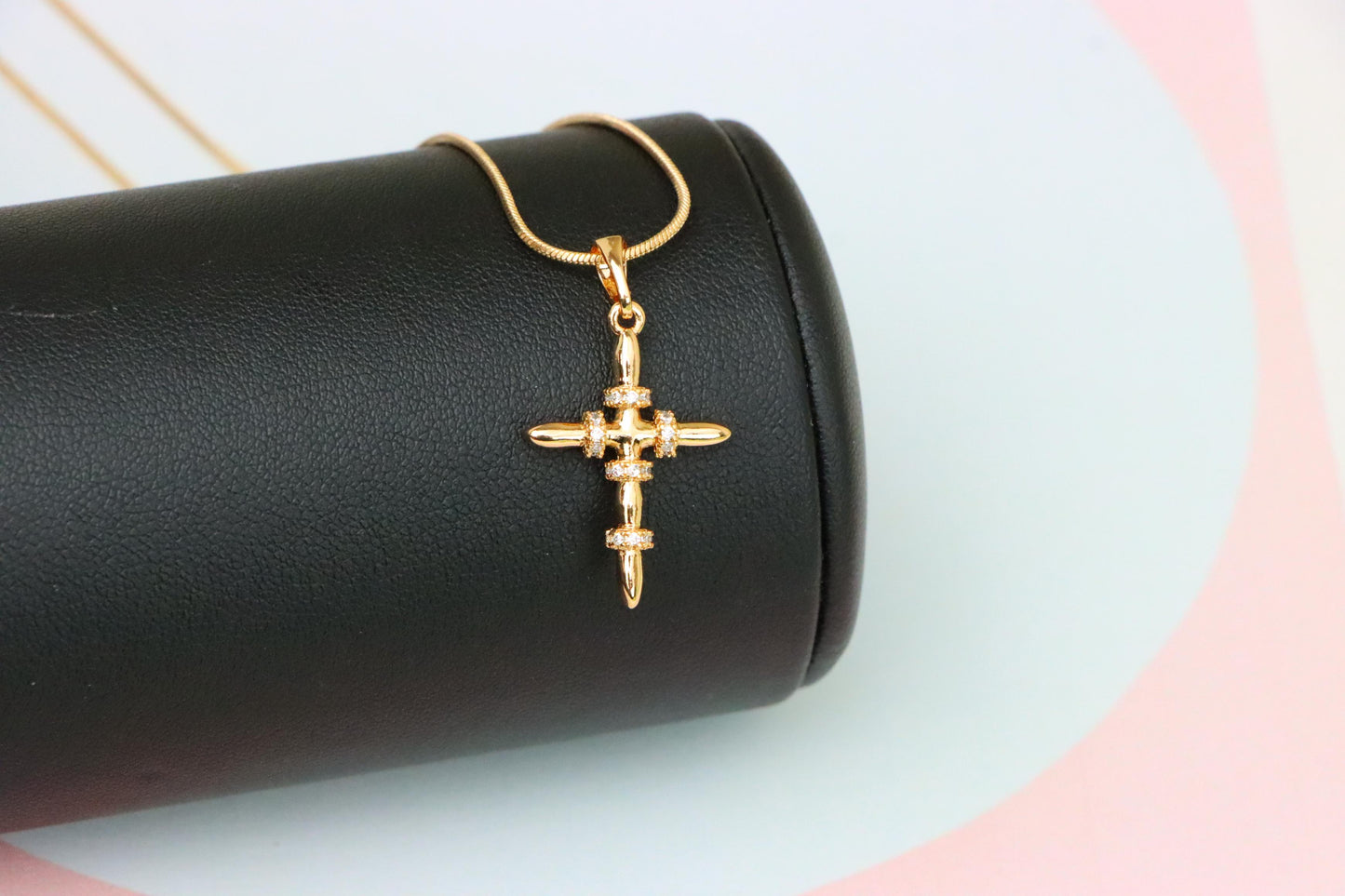 Rose Gold Cross Pendant with CZ Ring Accents in Modern Sleek Style, XPPT1819 (2153-7)