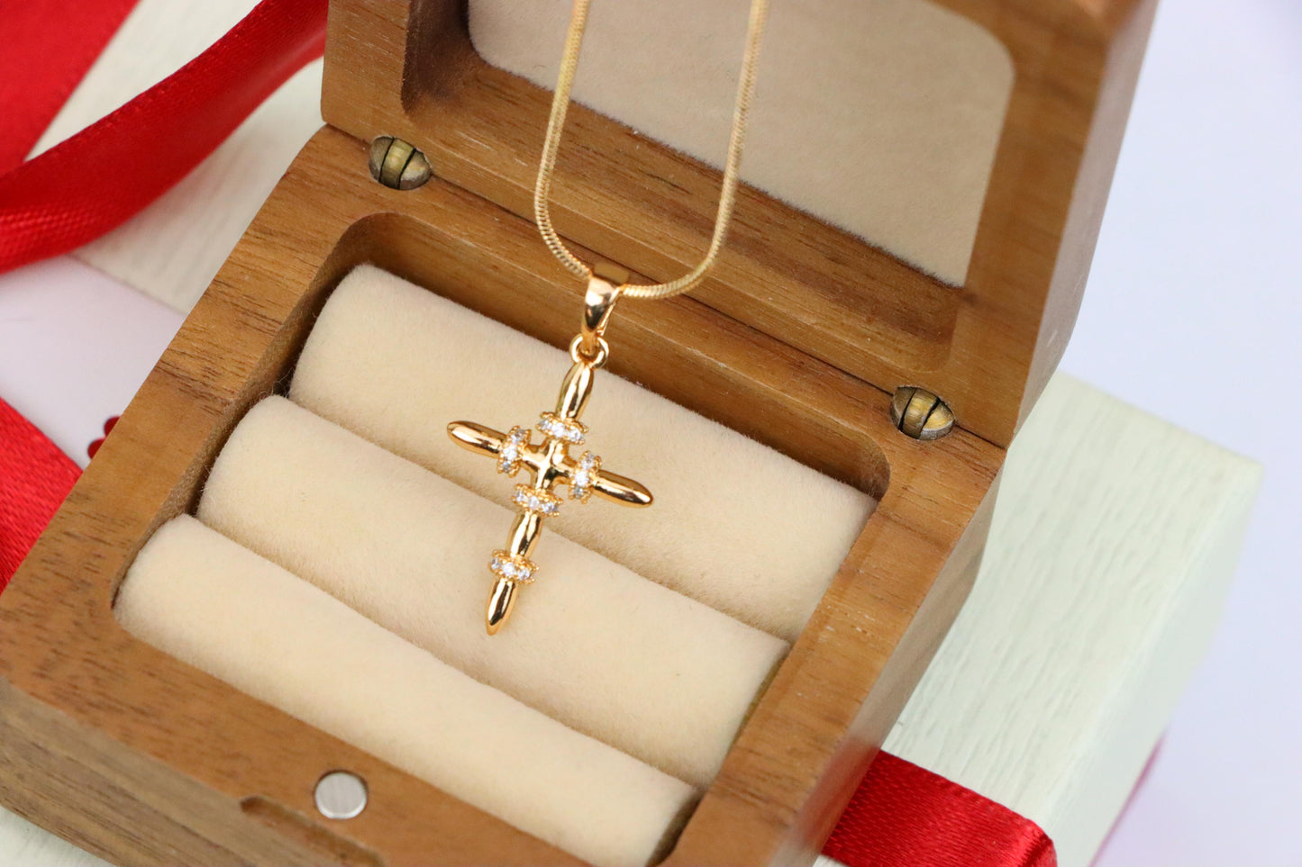 Rose Gold Cross Pendant with CZ Ring Accents in Modern Sleek Style, XPPT1819 (2153-7)