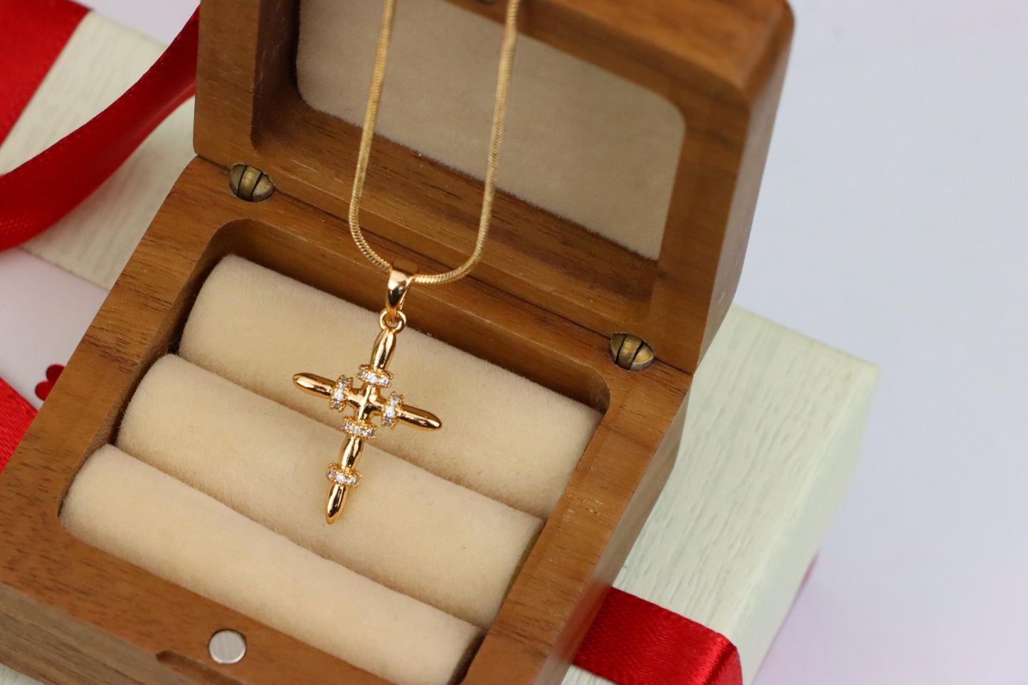 Rose Gold Cross Pendant with CZ Ring Accents in Modern Sleek Style, XPPT1819 (2153-7)