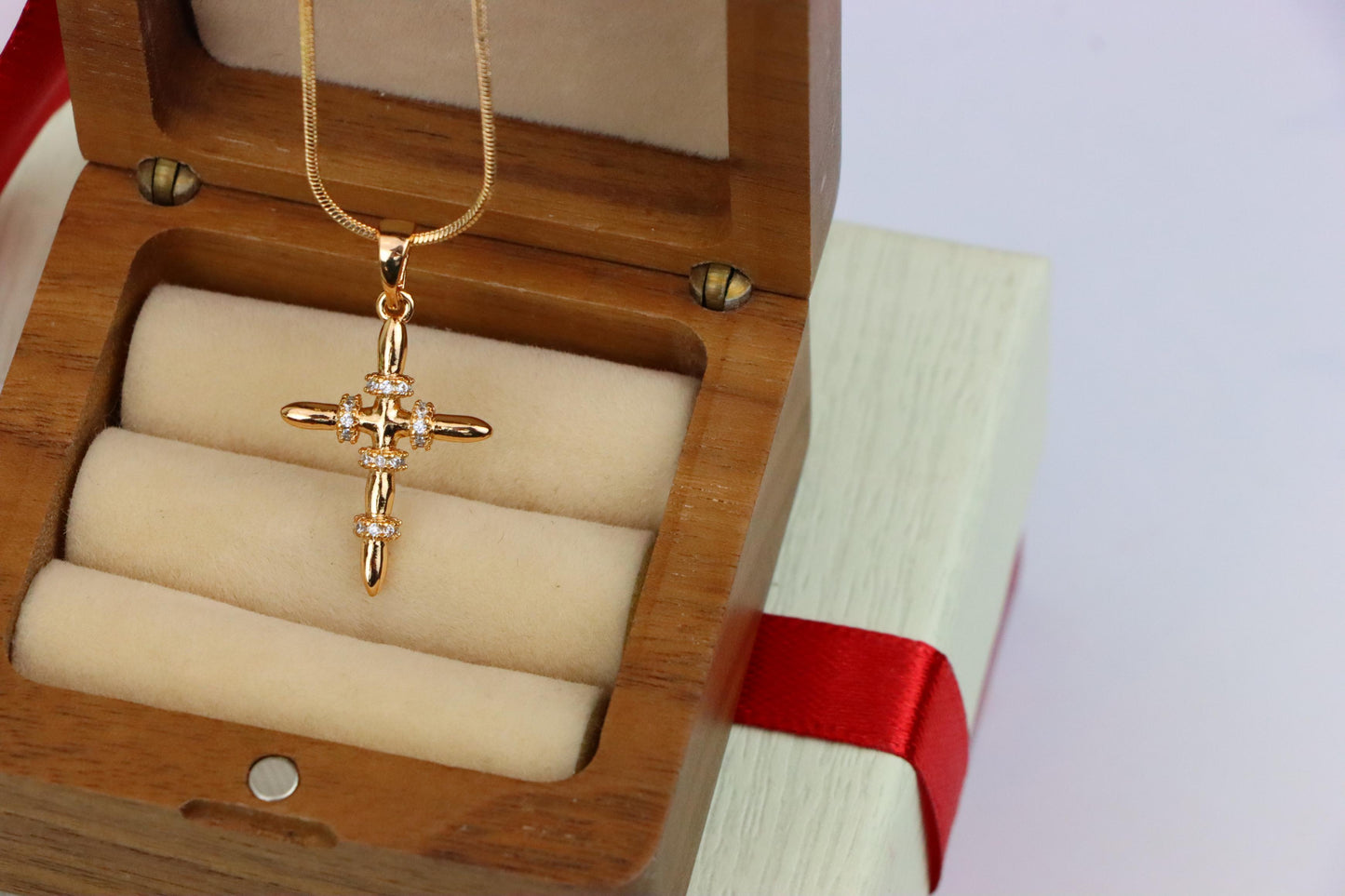 Rose Gold Cross Pendant with CZ Ring Accents in Modern Sleek Style, XPPT1819 (2153-7)