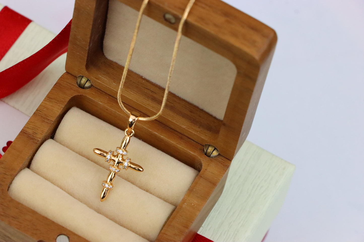 Rose Gold Cross Pendant with CZ Ring Accents in Modern Sleek Style, XPPT1819 (2153-7)