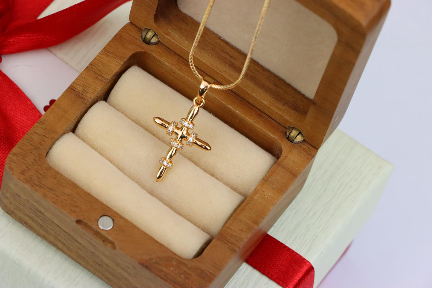 Rose Gold Cross Pendant with CZ Ring Accents in Modern Sleek Style, XPPT1819 (2153-7)