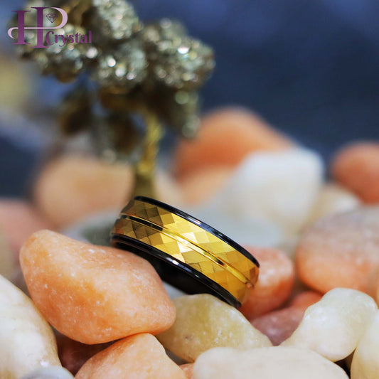 Two-Tone Black IP Inside & Yellow Gold IP Hammered Finish Tungsten Ring (MARET715-1)
