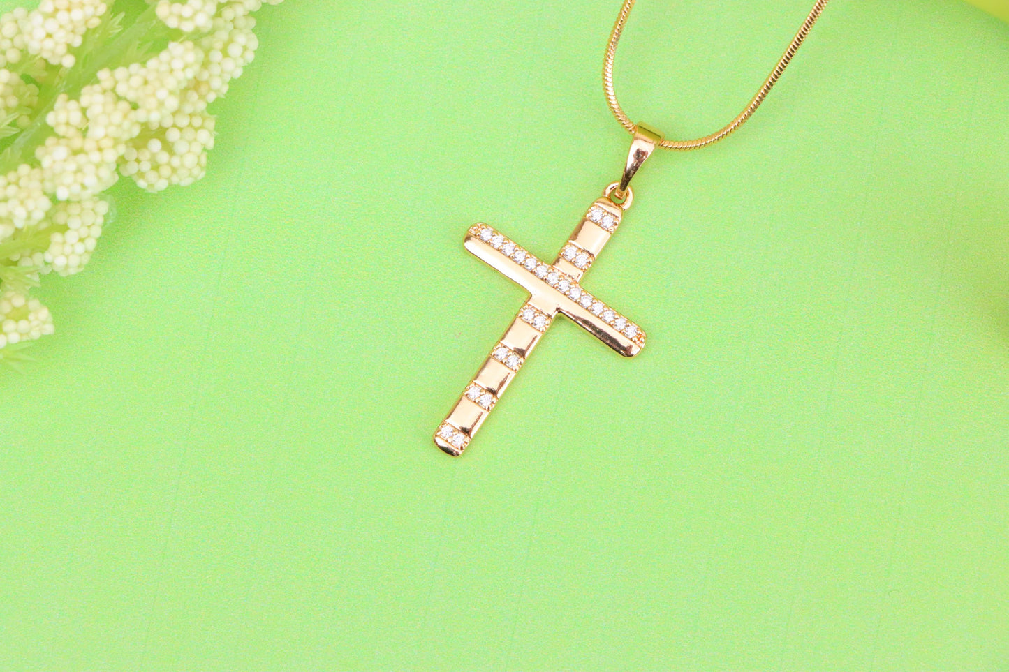 Rose Gold Cross Pendant with CZ Stripes in Geometric Modern Design, XPPT1821 (2153-9)