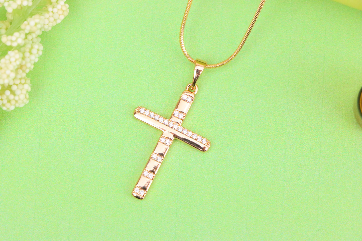 Rose Gold Cross Pendant with CZ Stripes in Geometric Modern Design, XPPT1821 (2153-9)