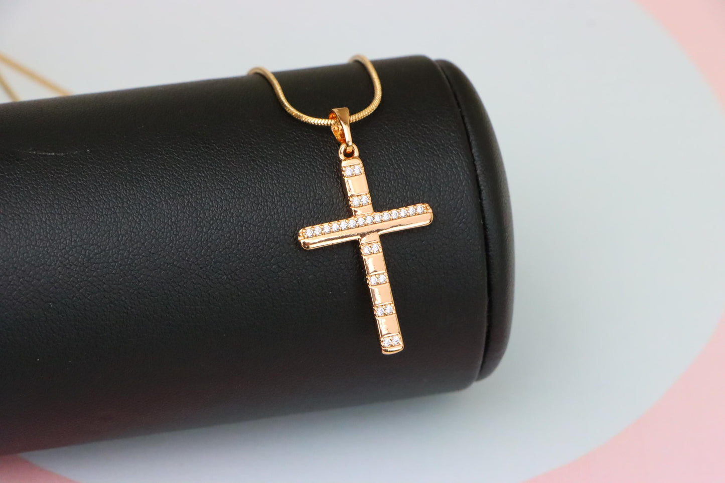 Rose Gold Cross Pendant with CZ Stripes in Geometric Modern Design, XPPT1821 (2153-9)