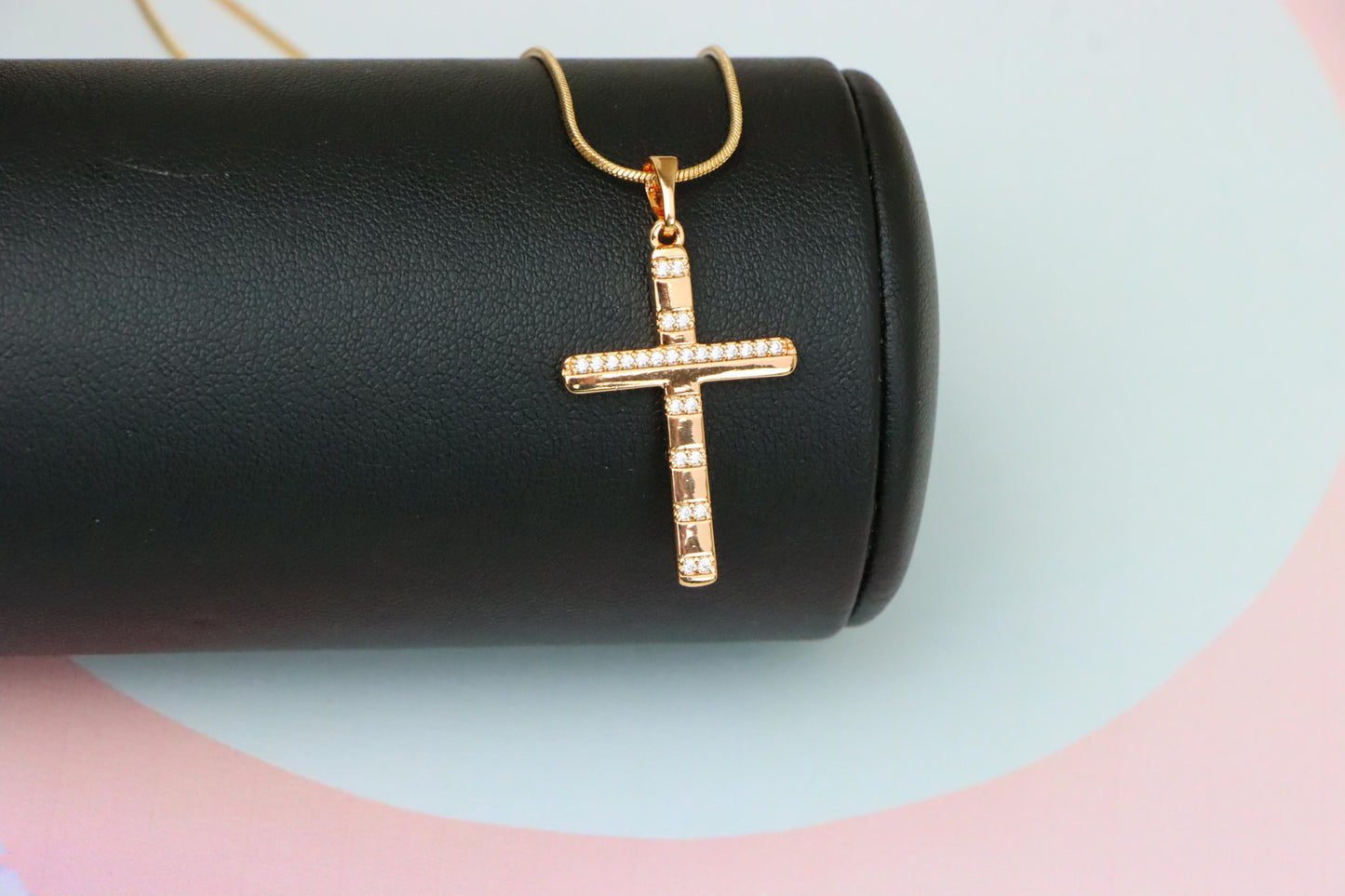 Rose Gold Cross Pendant with CZ Stripes in Geometric Modern Design, XPPT1821 (2153-9)