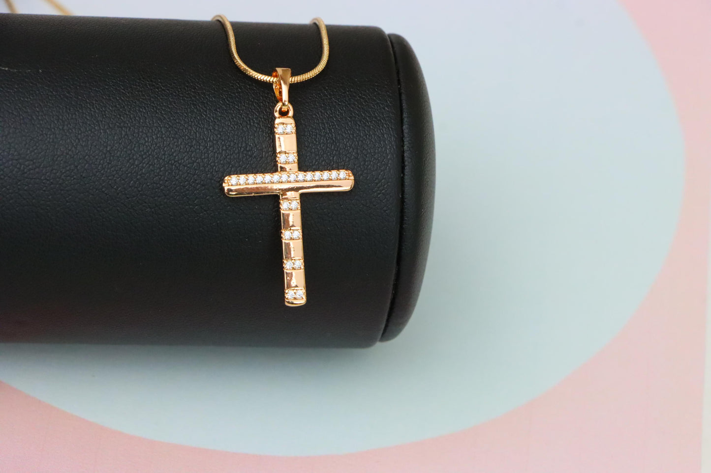 Rose Gold Cross Pendant with CZ Stripes in Geometric Modern Design, XPPT1821 (2153-9)