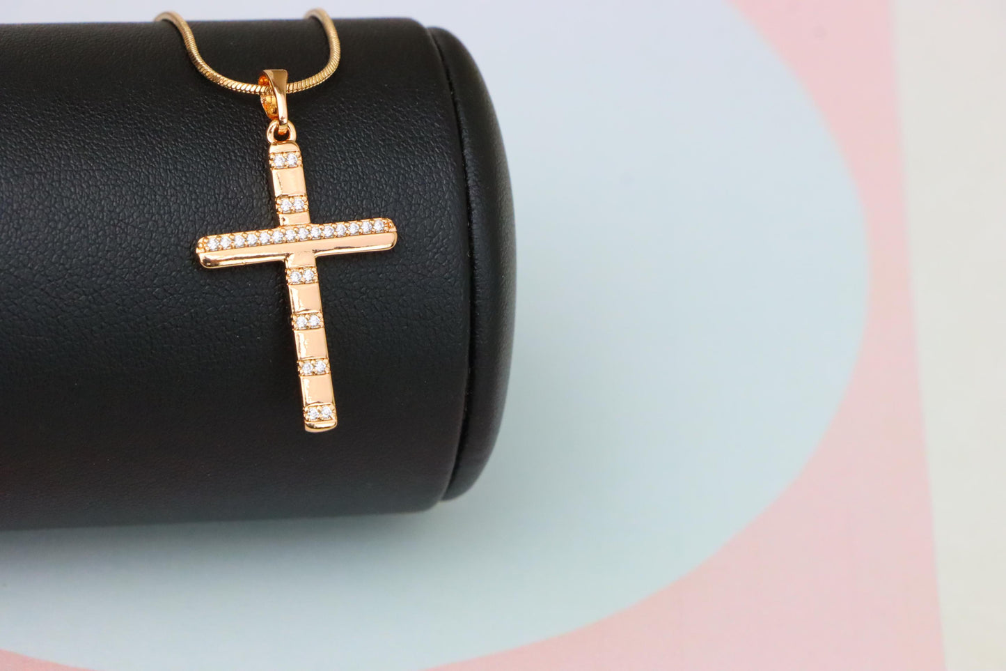 Rose Gold Cross Pendant with CZ Stripes in Geometric Modern Design, XPPT1821 (2153-9)
