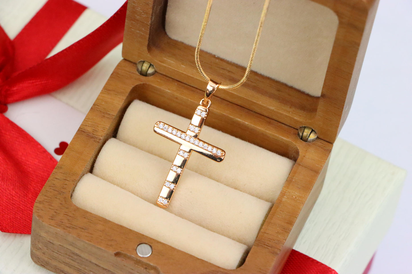 Rose Gold Cross Pendant with CZ Stripes in Geometric Modern Design, XPPT1821 (2153-9)