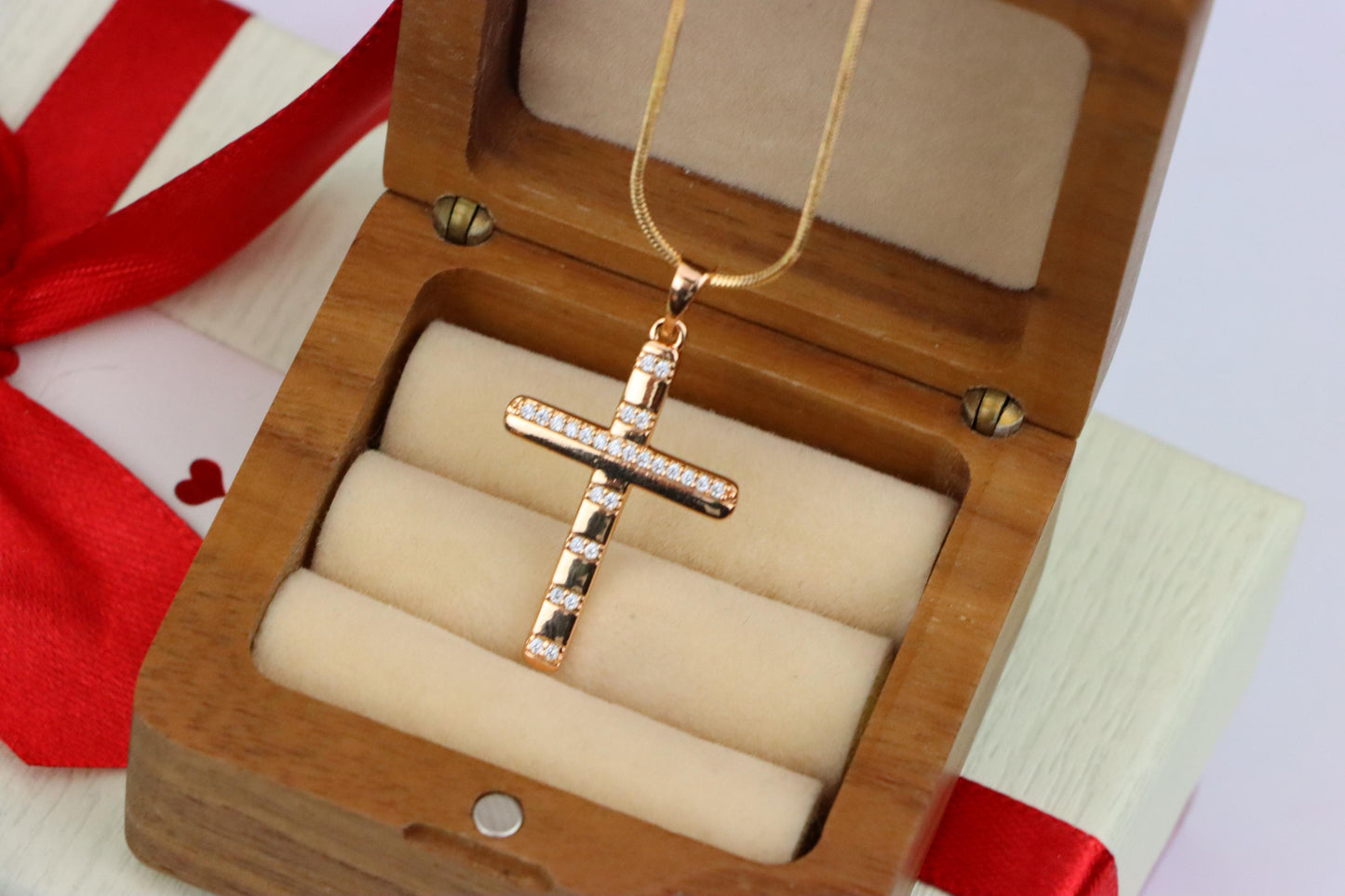 Rose Gold Cross Pendant with CZ Stripes in Geometric Modern Design, XPPT1821 (2153-9)