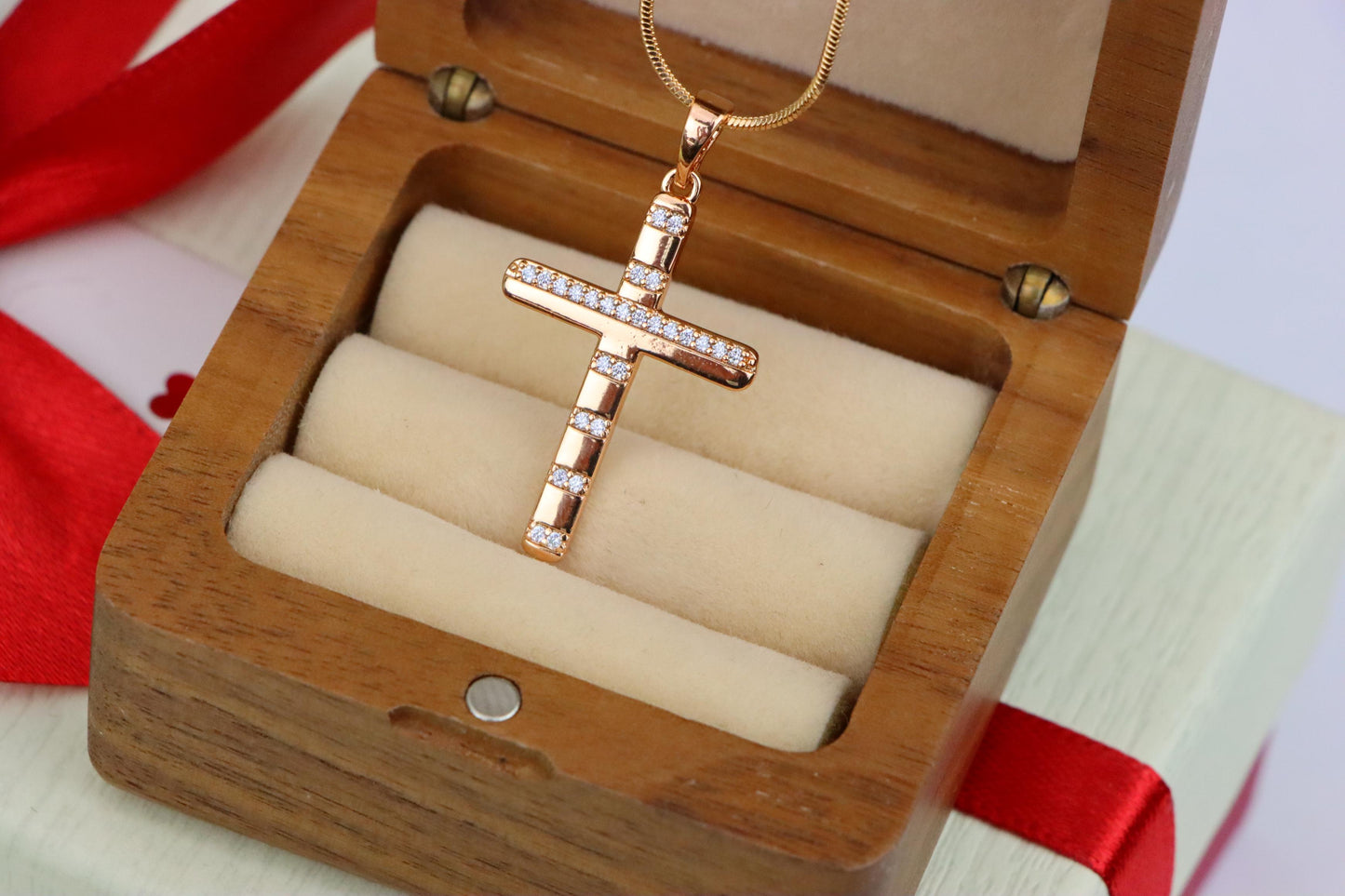 Rose Gold Cross Pendant with CZ Stripes in Geometric Modern Design, XPPT1821 (2153-9)