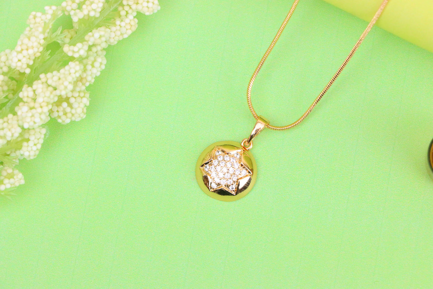 Rose Gold Round Pendant with CZ Starburst – Dainty Modern Accent, XPPT1822 (2153-10)