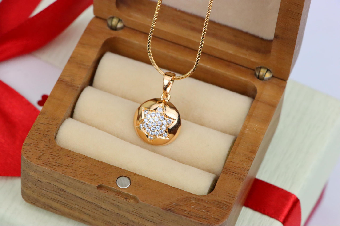 Rose Gold Round Pendant with CZ Starburst – Dainty Modern Accent, XPPT1822 (2153-10)