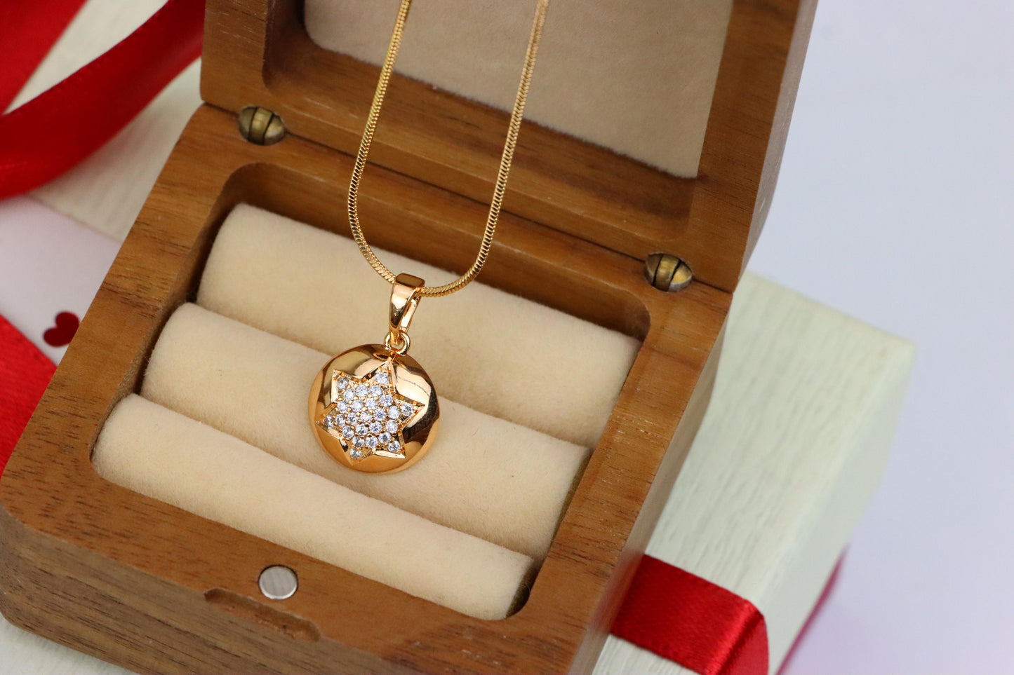 Rose Gold Round Pendant with CZ Starburst – Dainty Modern Accent, XPPT1822 (2153-10)