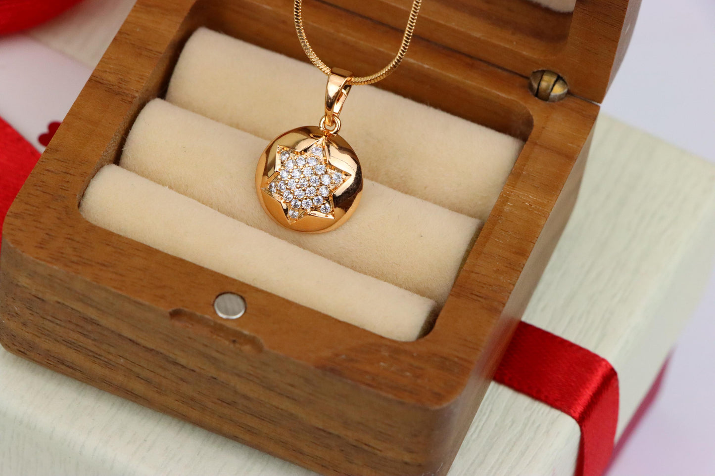 Rose Gold Round Pendant with CZ Starburst – Dainty Modern Accent, XPPT1822 (2153-10)