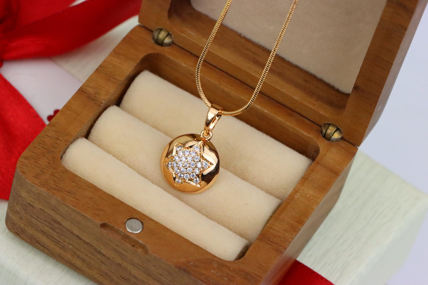 Rose Gold Round Pendant with CZ Starburst – Dainty Modern Accent, XPPT1822 (2153-10)