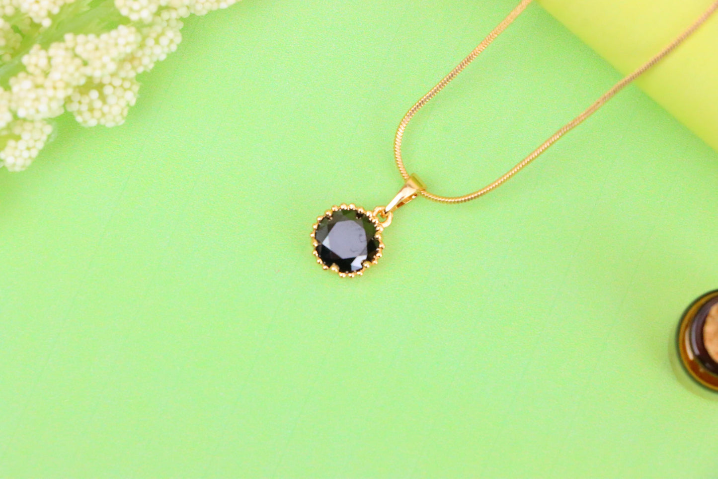 Rose Gold Round Pendant with Black Stone – Petite Chic Statement, XPPT1823 (2154-1)